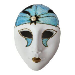 Vintage Ceramic White Blue Glittery Venetian Carnival Wall Mask Hand Painted
